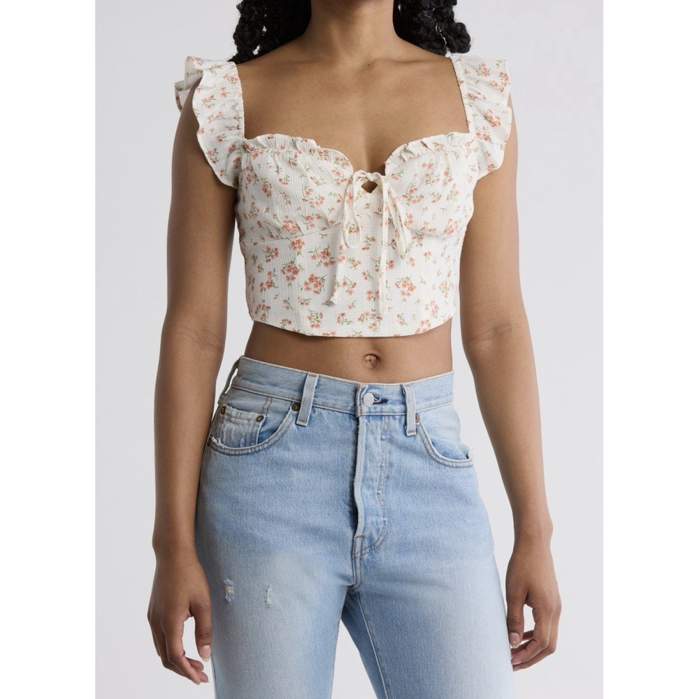 NWT MINE Blu Pepper Sz L Crop Top Tie Ivory Orange Floral Smocked Cottagecore‎